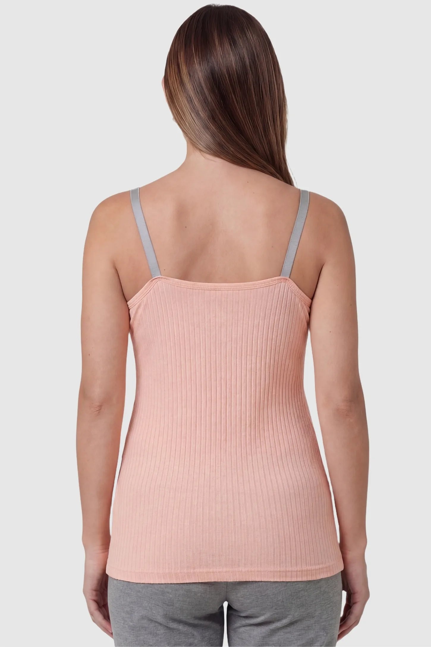 Padded Ribbed Maternity & Nursing Camisole Back view of Pink Padded Maternity Camisole showing the seamless ribbed texture and straight-cut neckline.