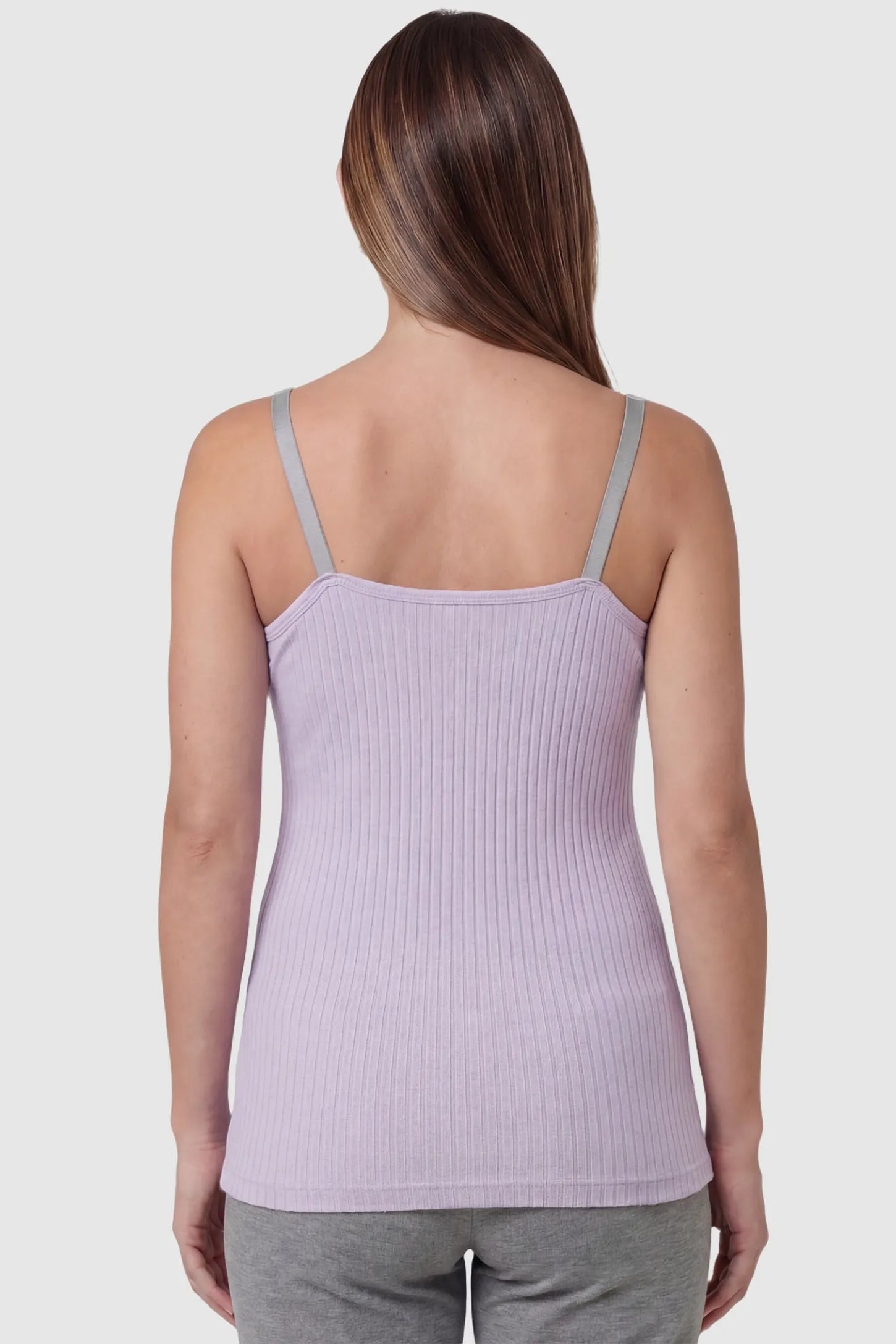 Padded Ribbed Maternity & Nursing Camisole Purple Ribbed Nursing Camisole featuring a side-view silhouette of a pregnant bump and adjustable straps.