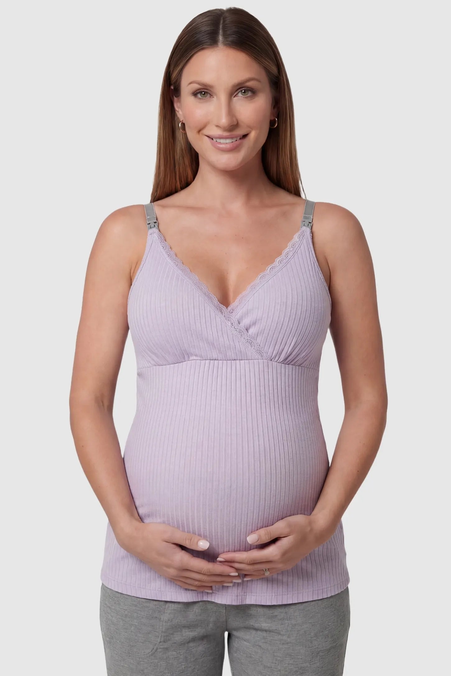 Padded Ribbed Maternity & Nursing Camisole Purple Padded Ribbed Maternity Camisole with lace-trim V-neckline on a pregnant model in a front view.