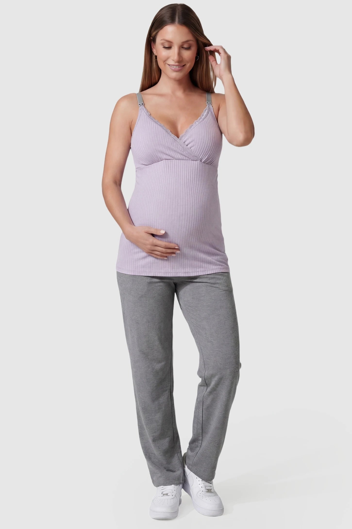Padded Ribbed Maternity & Nursing Camisole Purple Padded Ribbed Maternity Camisole with lace-trim V-neckline on a pregnant model in a front view.