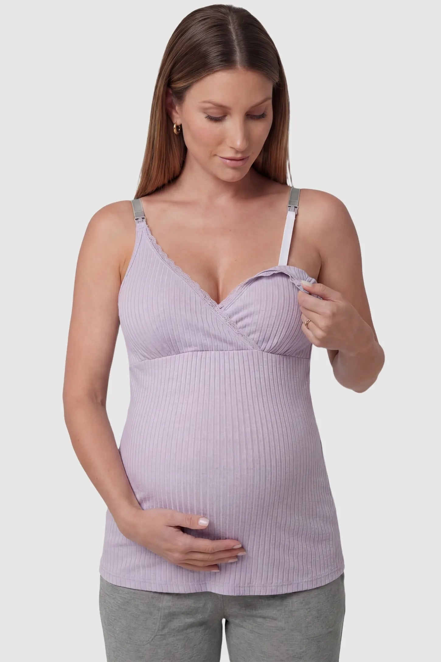 Padded Ribbed Maternity & Nursing Camisole Purple Padded Ribbed Maternity Camisole with easy nursing access on a pregnant model in a front view.