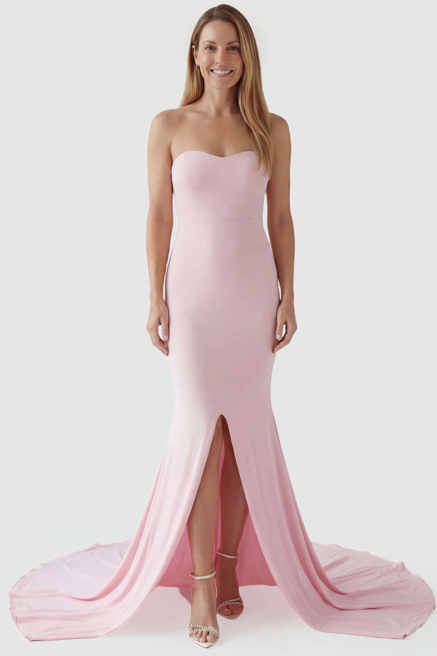 Strapless Sweetheart Neckline Trumpet Silhouette Maternity Gown Strapless Sweetheart Neckline Trumpet Silhouette Maternity Gown in Pink featuring a curve-hugging fit on a non-pregnant model.