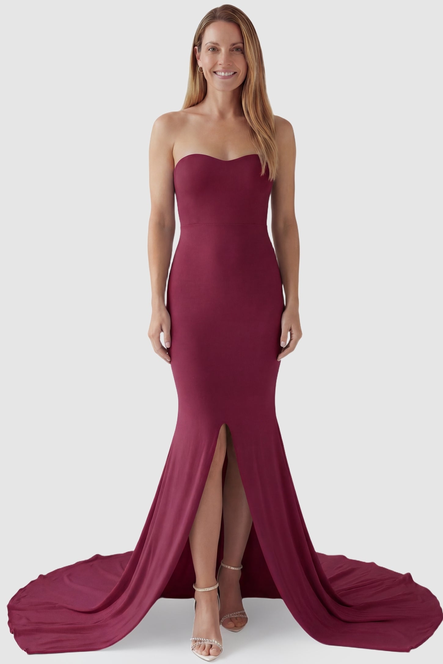 Strapless Sweetheart Neckline Trumpet Silhouette Maternity Gown Strapless Sweetheart Neckline Trumpet Silhouette Maternity Gown in Wine Red featuring a curve-hugging fit on a non-pregnant model.