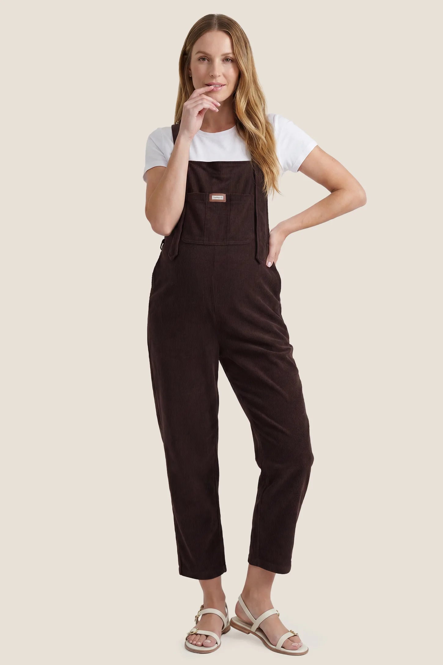 Wide Leg Side Stretch Panel Maternity Overalls Front view of brown wide leg side stretch panel maternity overalls