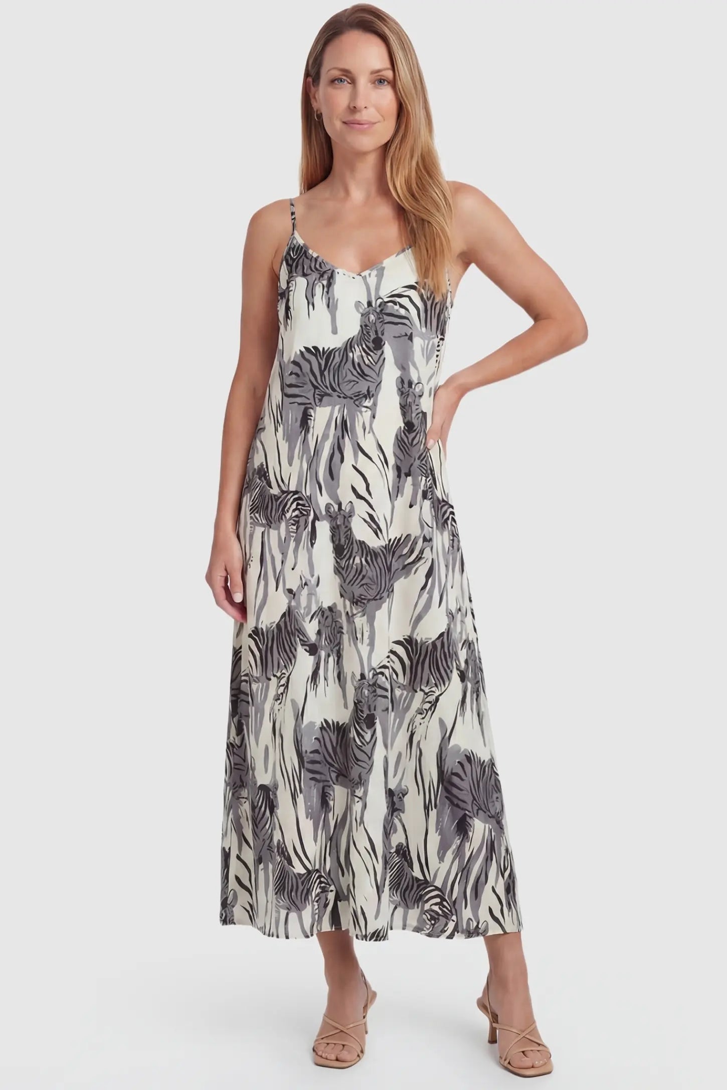 Zebra Print V-Neck Sleeveless Maxi Maternity Dress Zebra Print V-Neck Sleeveless Maxi Maternity Dress in Gray featuring a versatile bump-friendly fit on a front view postpartum model.