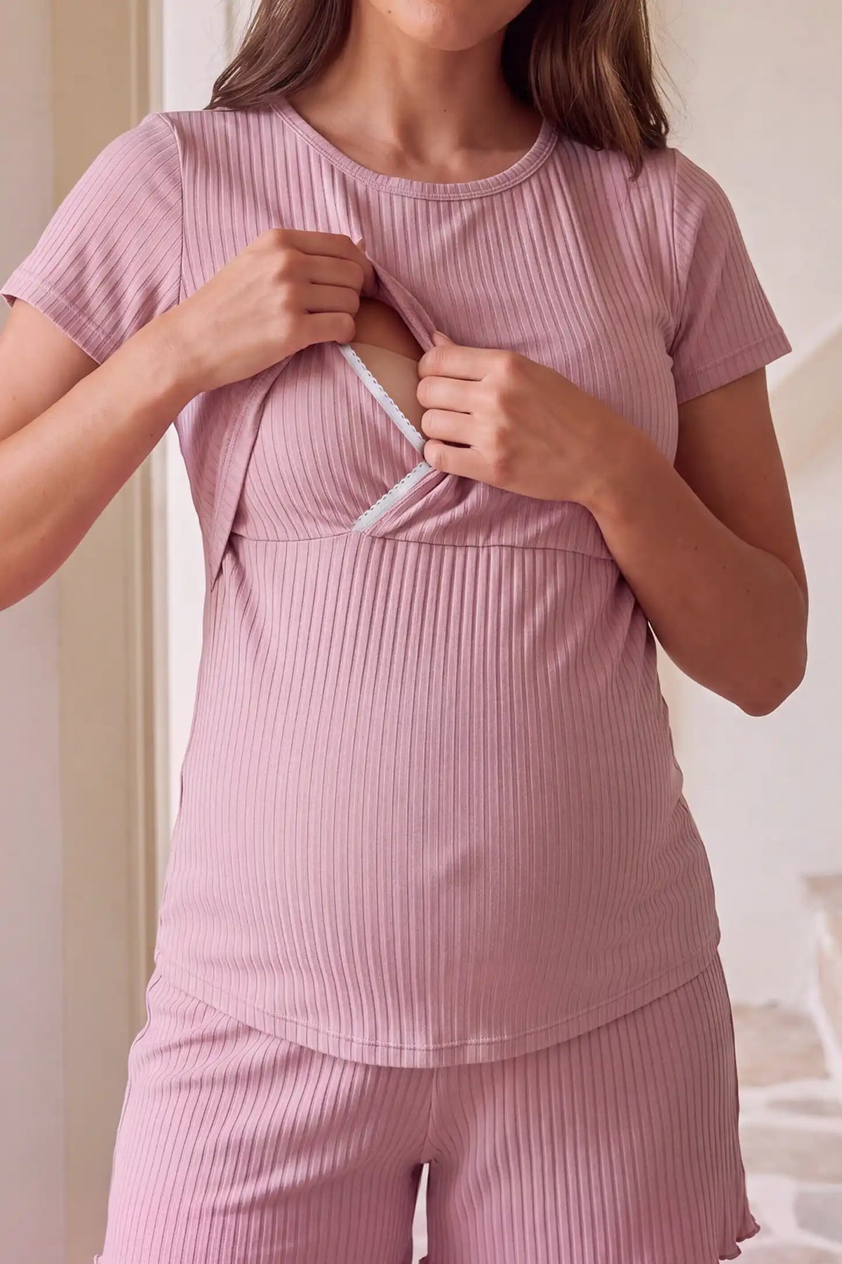 Ribbed Short Sleeve Top & Drawstring Shorts Maternity Nursing Lounge Set