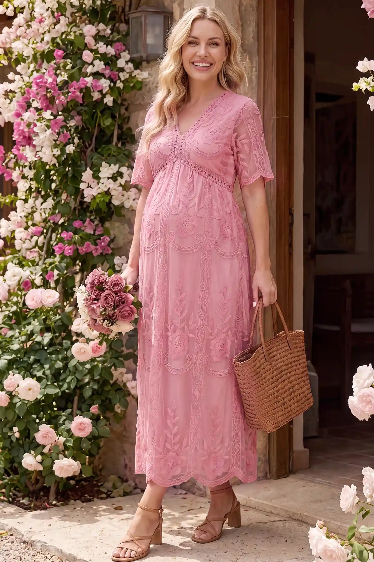 Lace Short Sheer Sleeve Maternity Maxi Dress