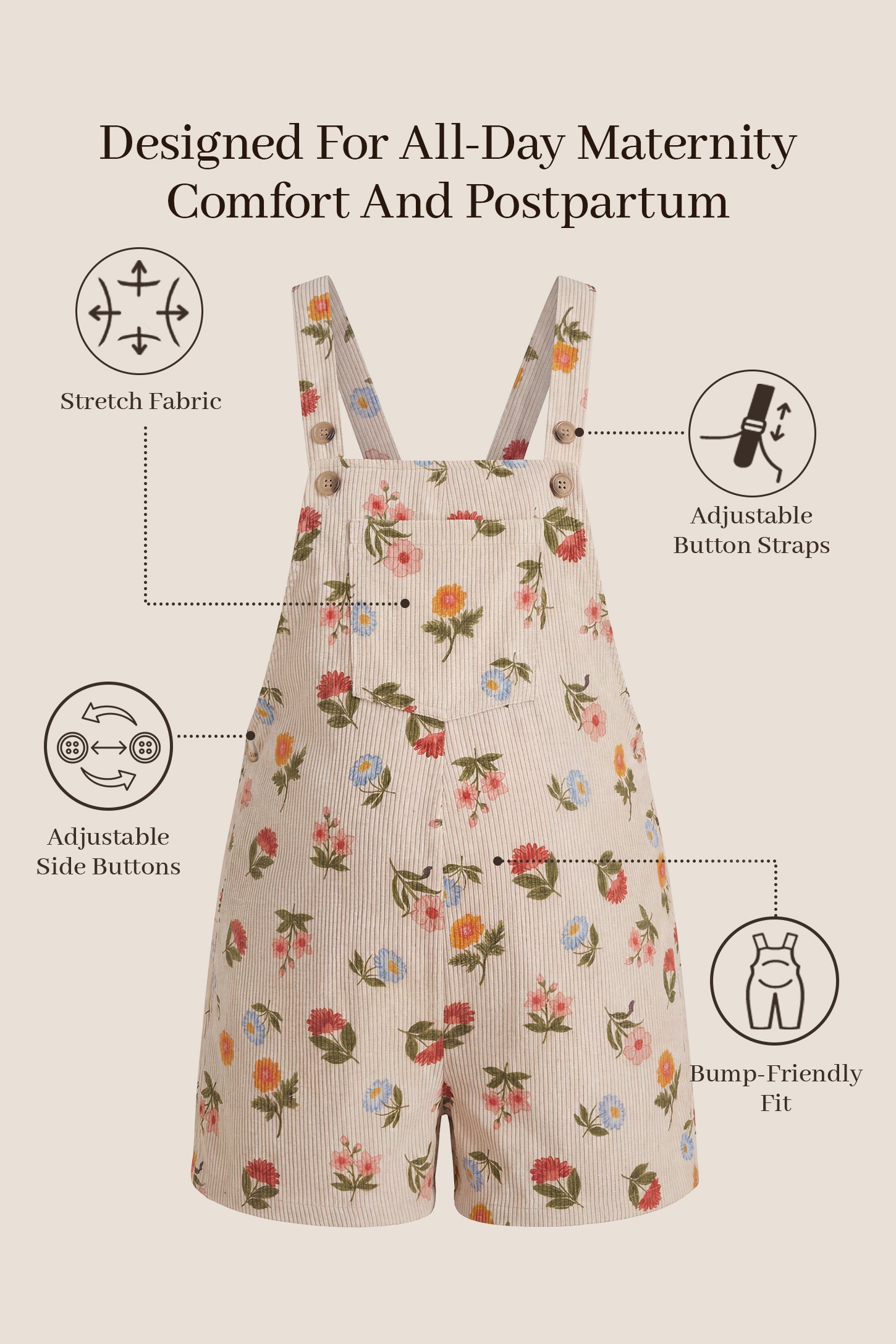 Adjustable Waist Front Pocket Maternity Short Overalls