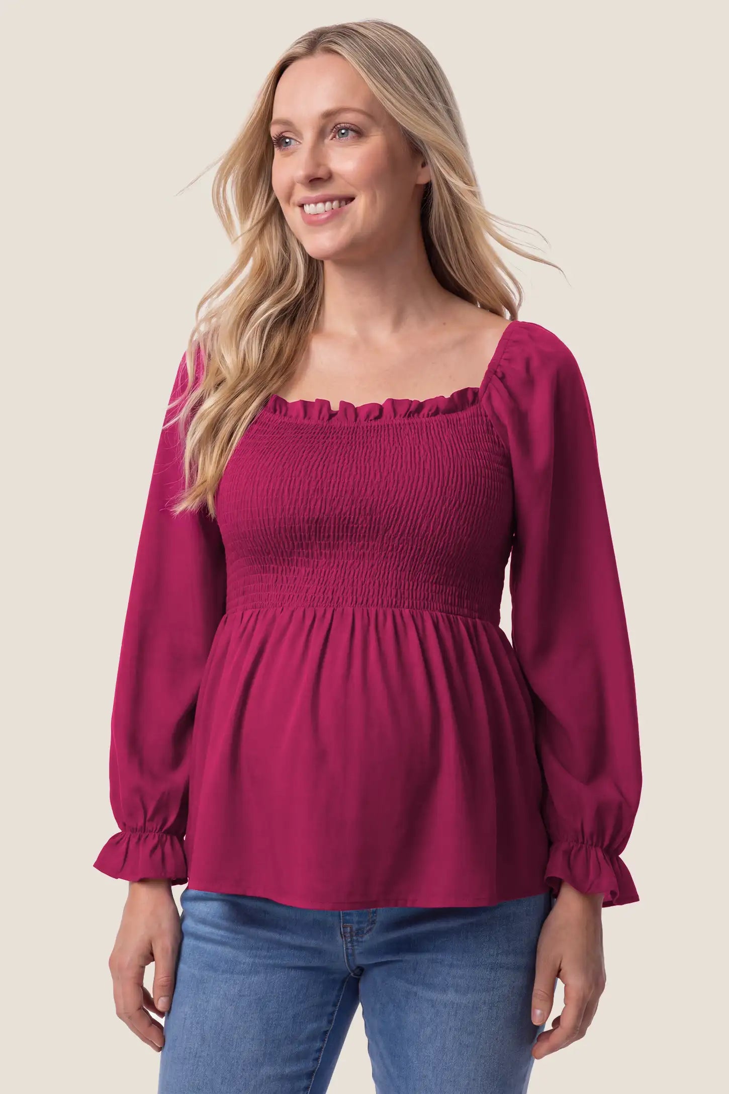 Smocked Convertible Neckline Bishop Sleeve Maternity Top