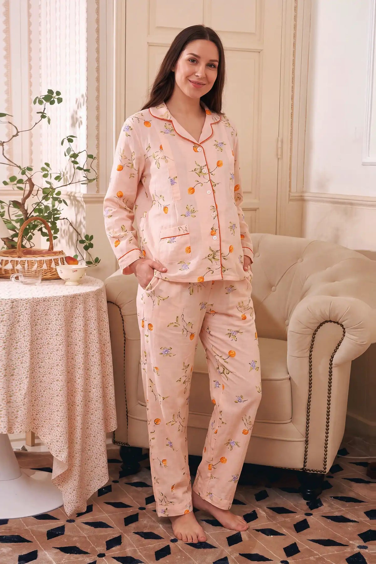 Floral Cotton Gauze Postpartum Nursing Pajama Set