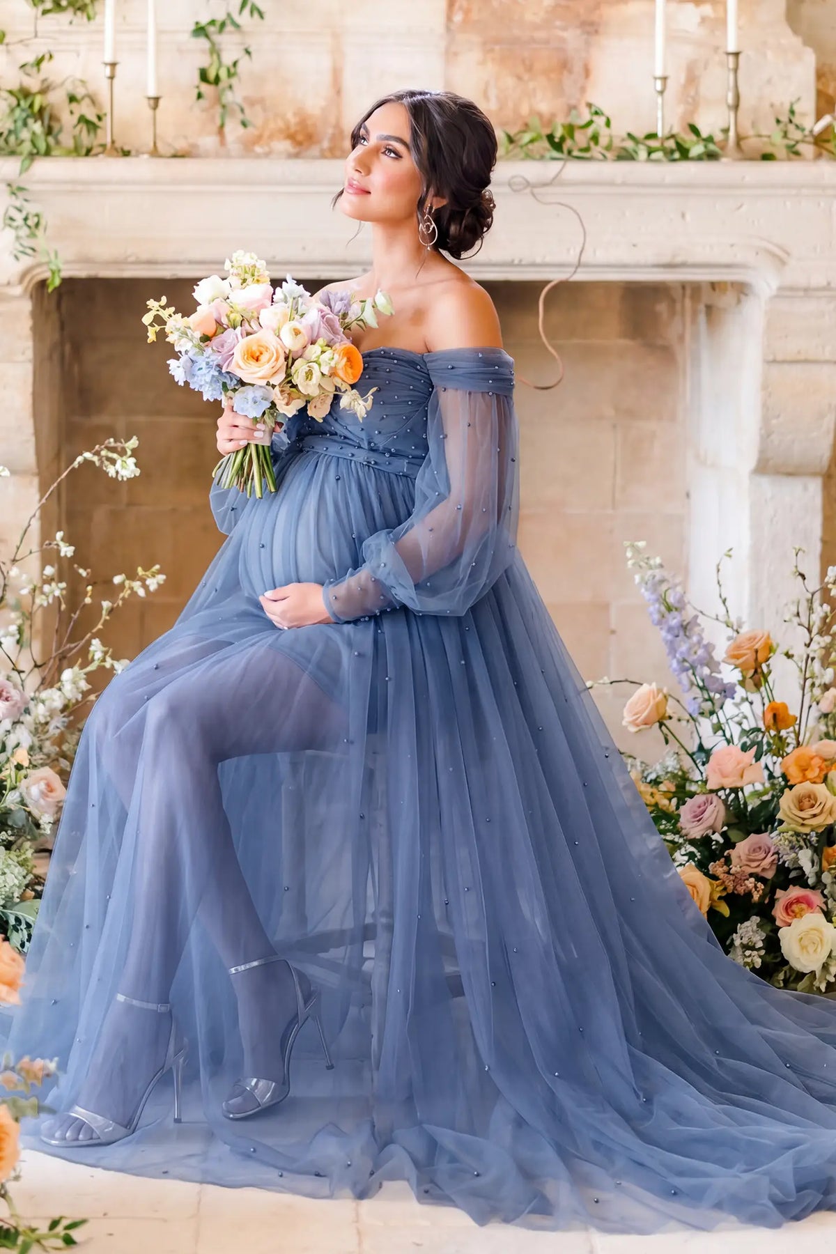 Off-Shoulder Empire Waist Tulle Maternity Gown