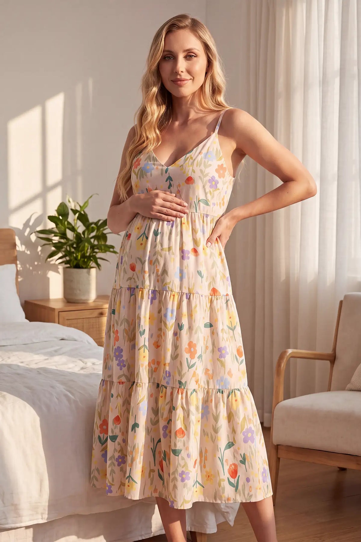 Adjustable Strap Lace-Trim Floral Maternity Sleep Dress