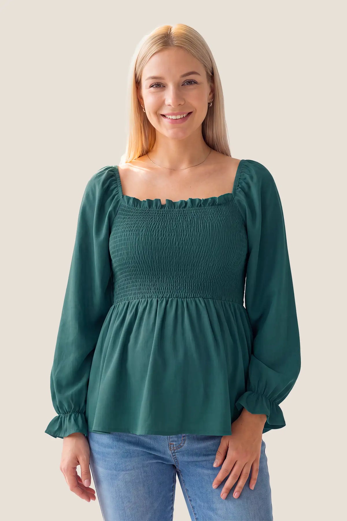 Smocked Convertible Neckline Bishop Sleeve Maternity Top
