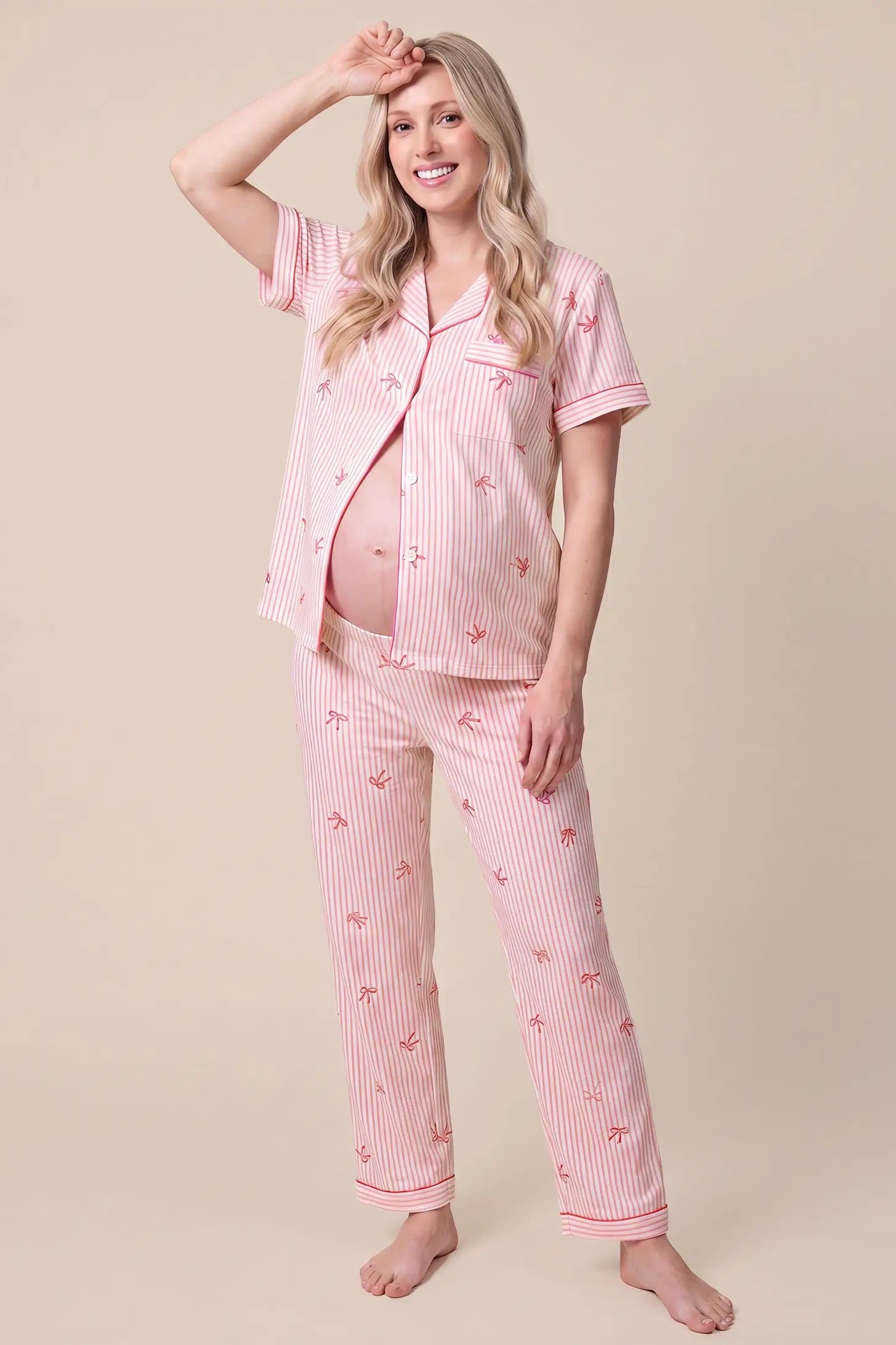 Sweet Ribbon Stripe Cotton Maternity Pajama Set with Shorts & Pants