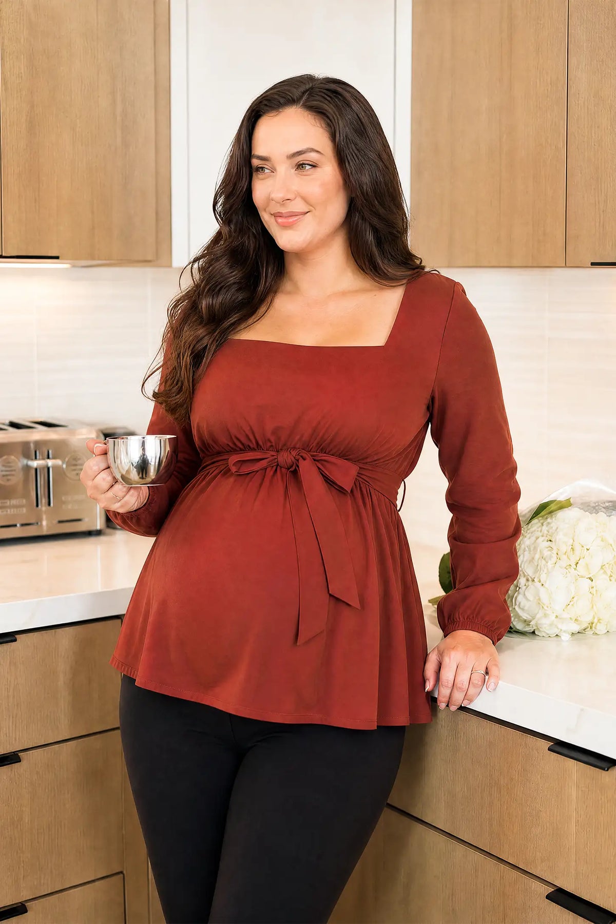 Solid Square Neck Empire Waist Maternity Top