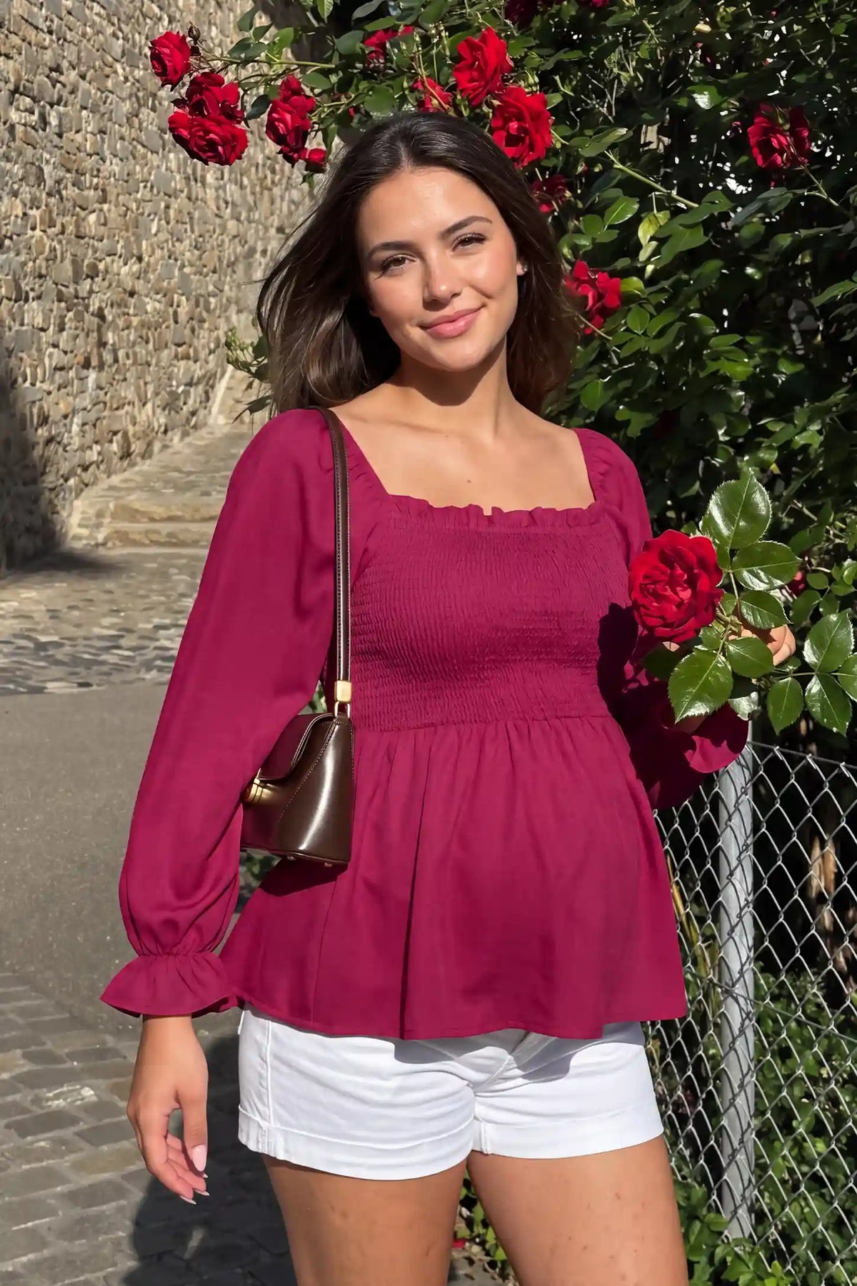 Smocked Convertible Neckline Bishop Sleeve Maternity Top