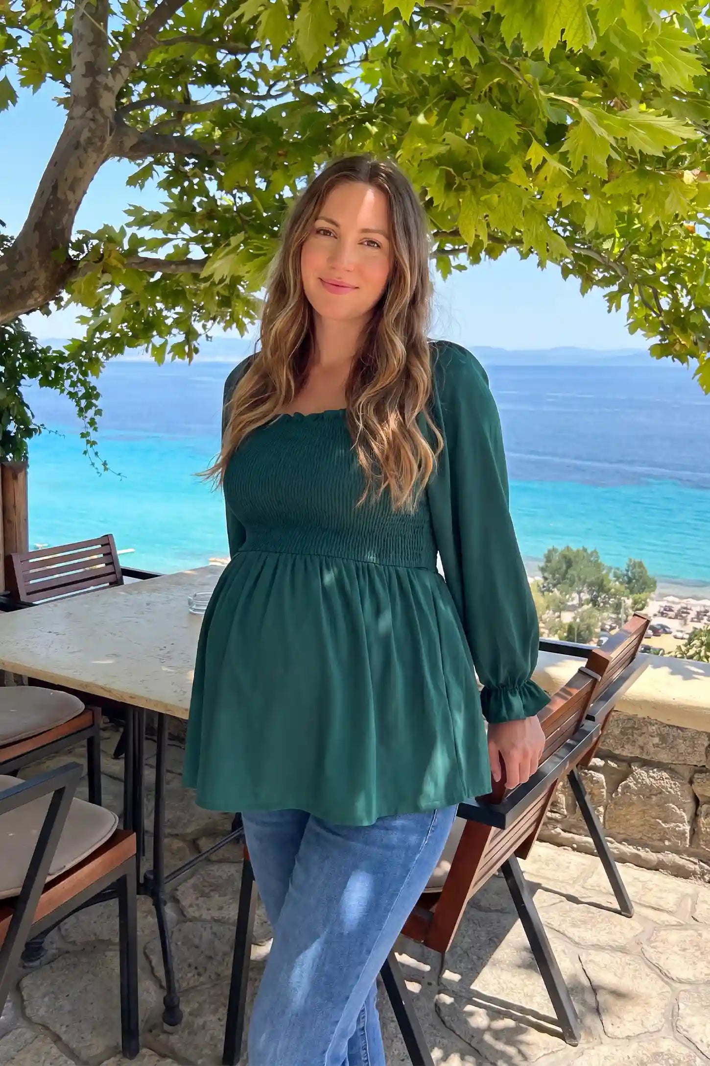Smocked Convertible Neckline Bishop Sleeve Maternity Top