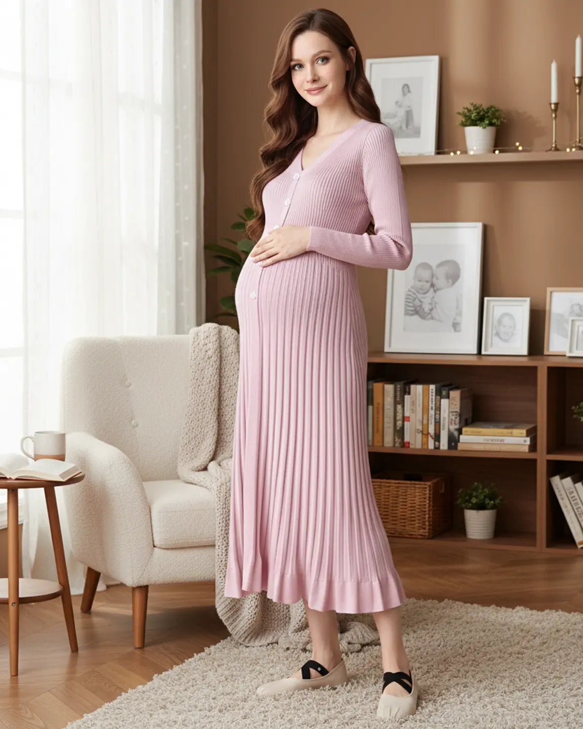 Ribbed Knit Long Sleeve Maternity Midi Dress