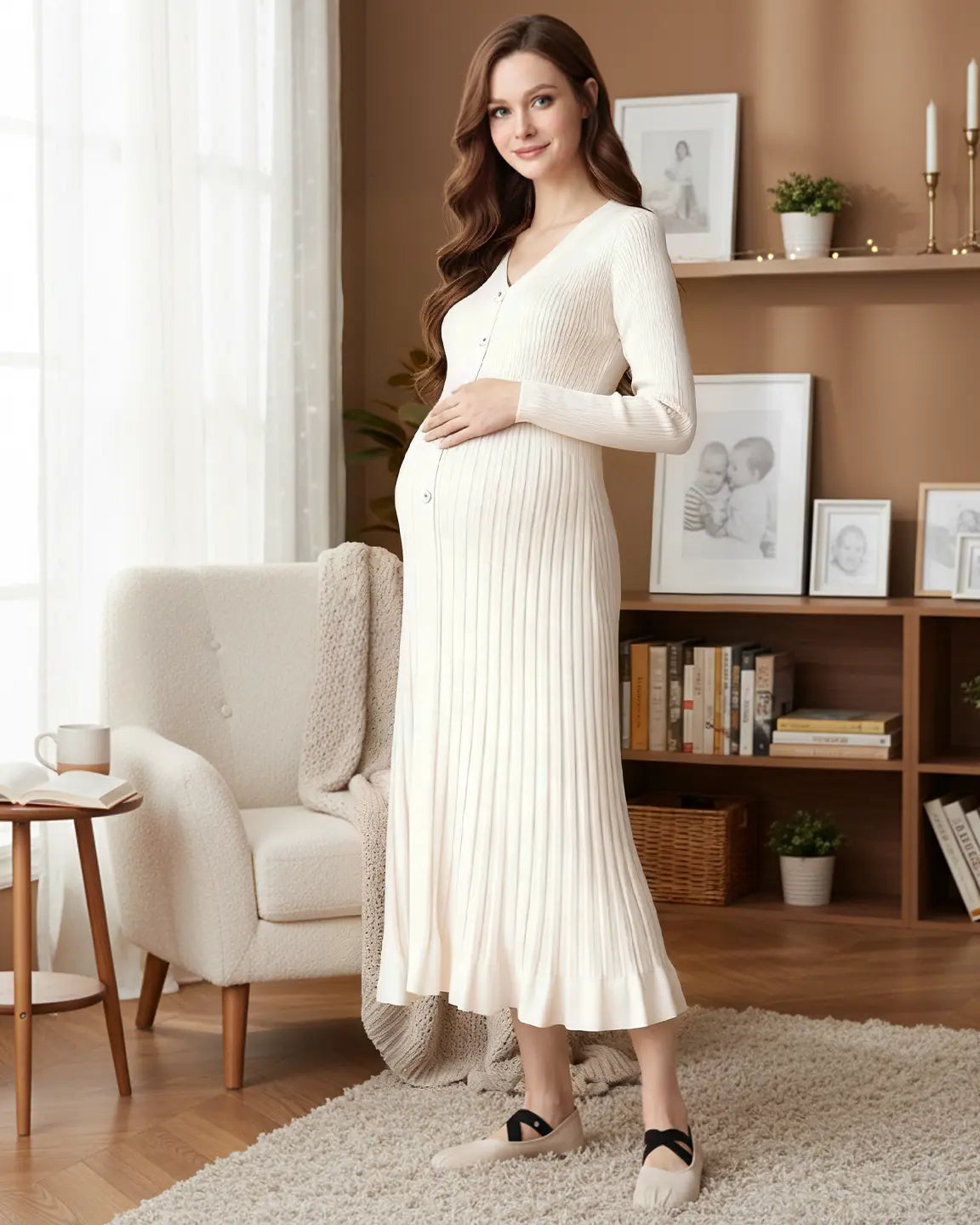 Ribbed Knit Long Sleeve Maternity Midi Dress