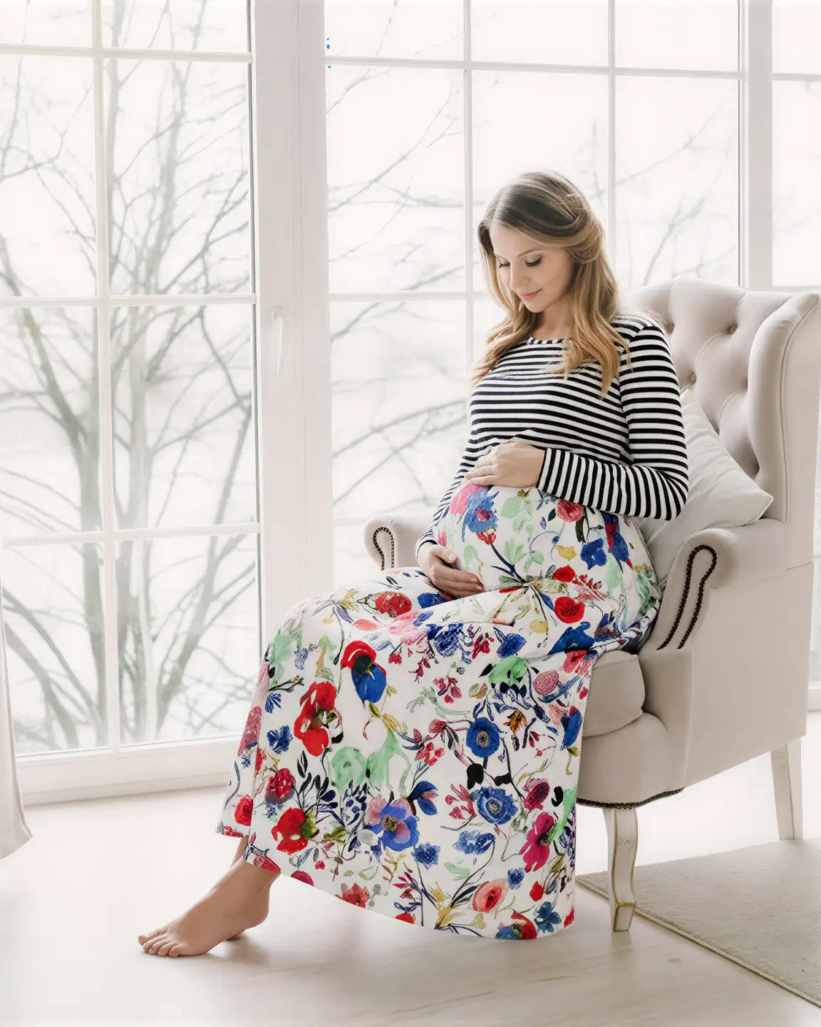 Striped Floral Nursing & Maternity Midi Dress