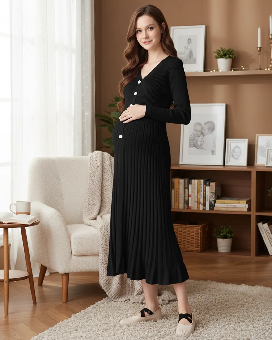 Ribbed Knit Long Sleeve Maternity Midi Dress