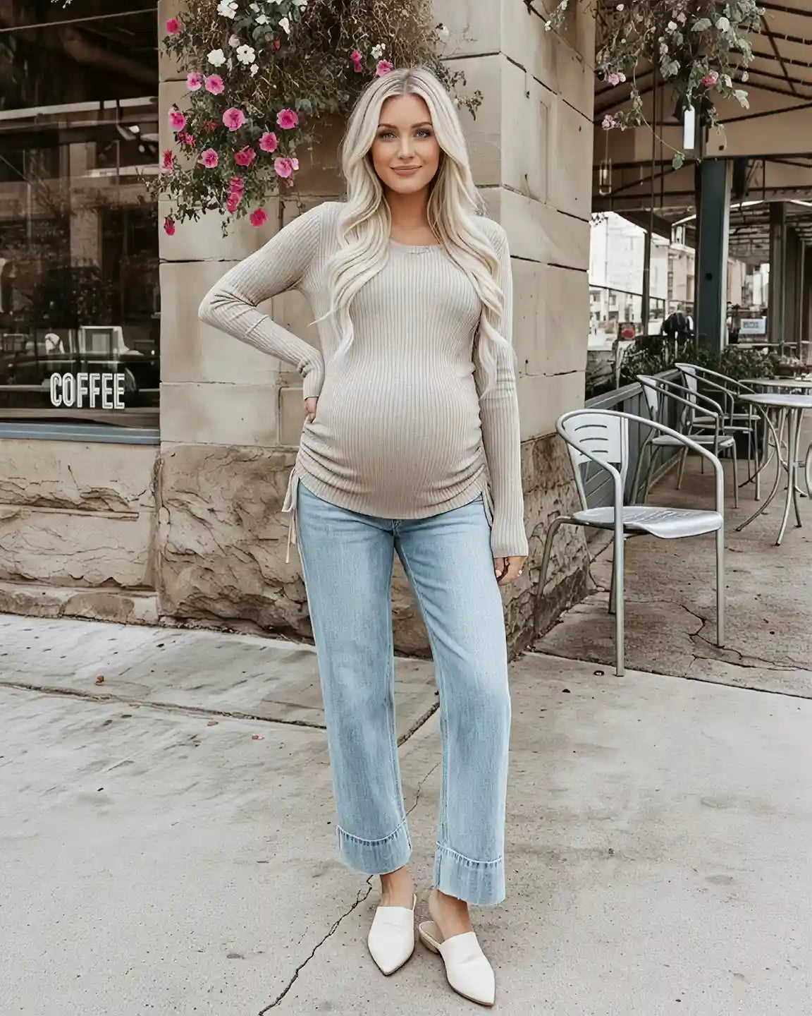 Adjustable Side Drawstrings Ribbed Maternity Top