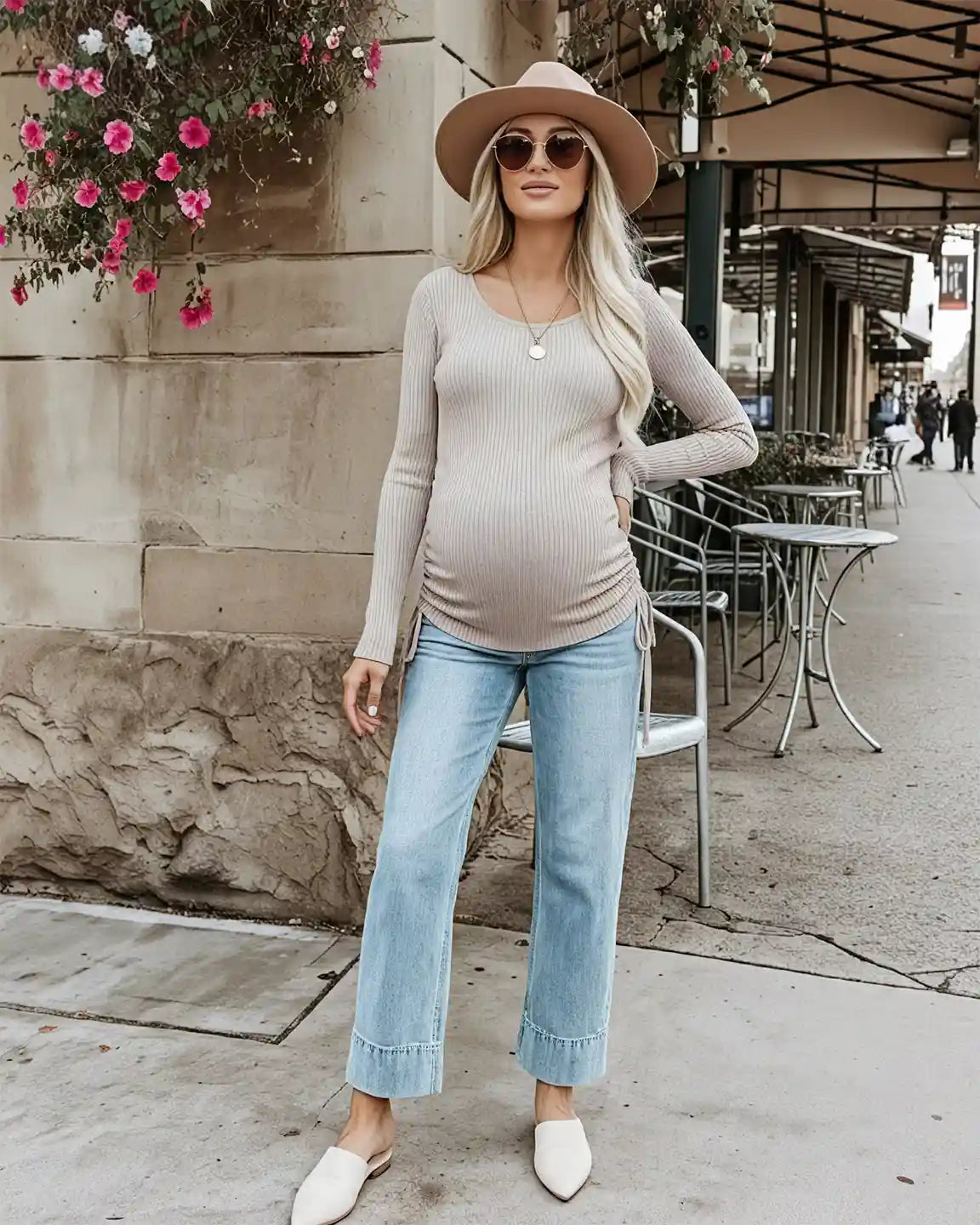 Adjustable Side Drawstrings Ribbed Maternity Top