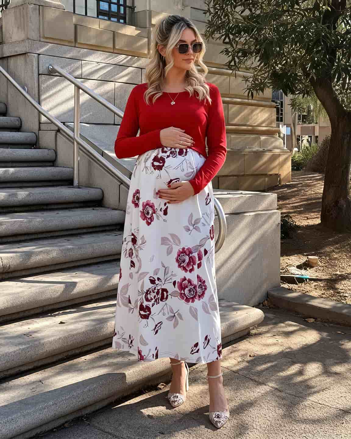 Red Floral Nursing & Maternity Midi Dress