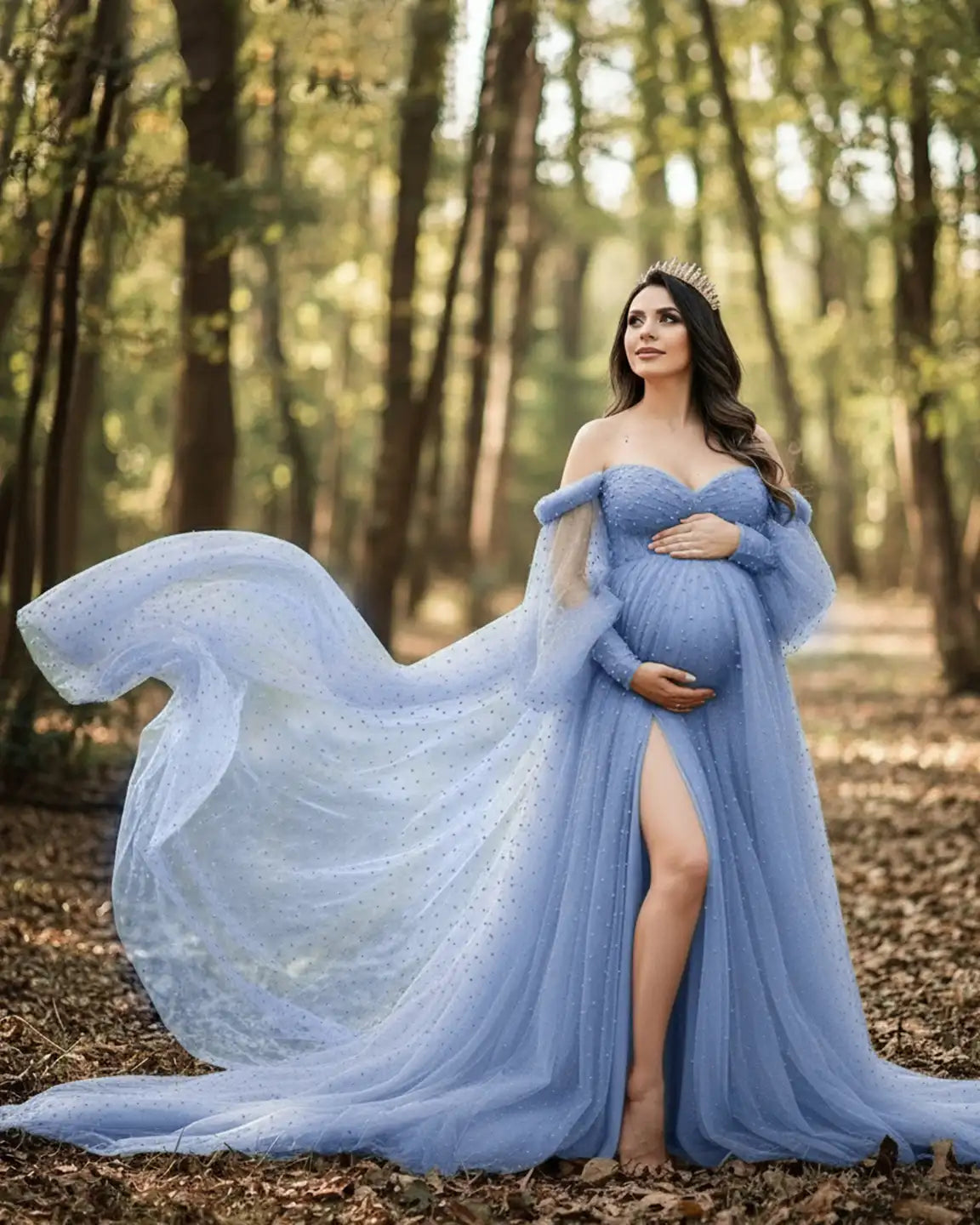 Off-Shoulder Tulle Train Maternity Gown