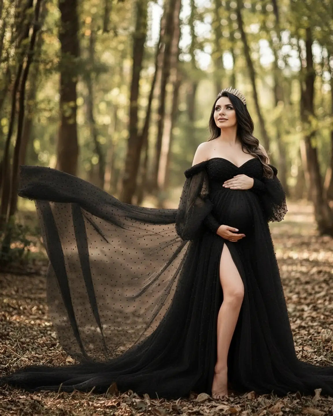 Off-Shoulder Tulle Train Maternity Gown
