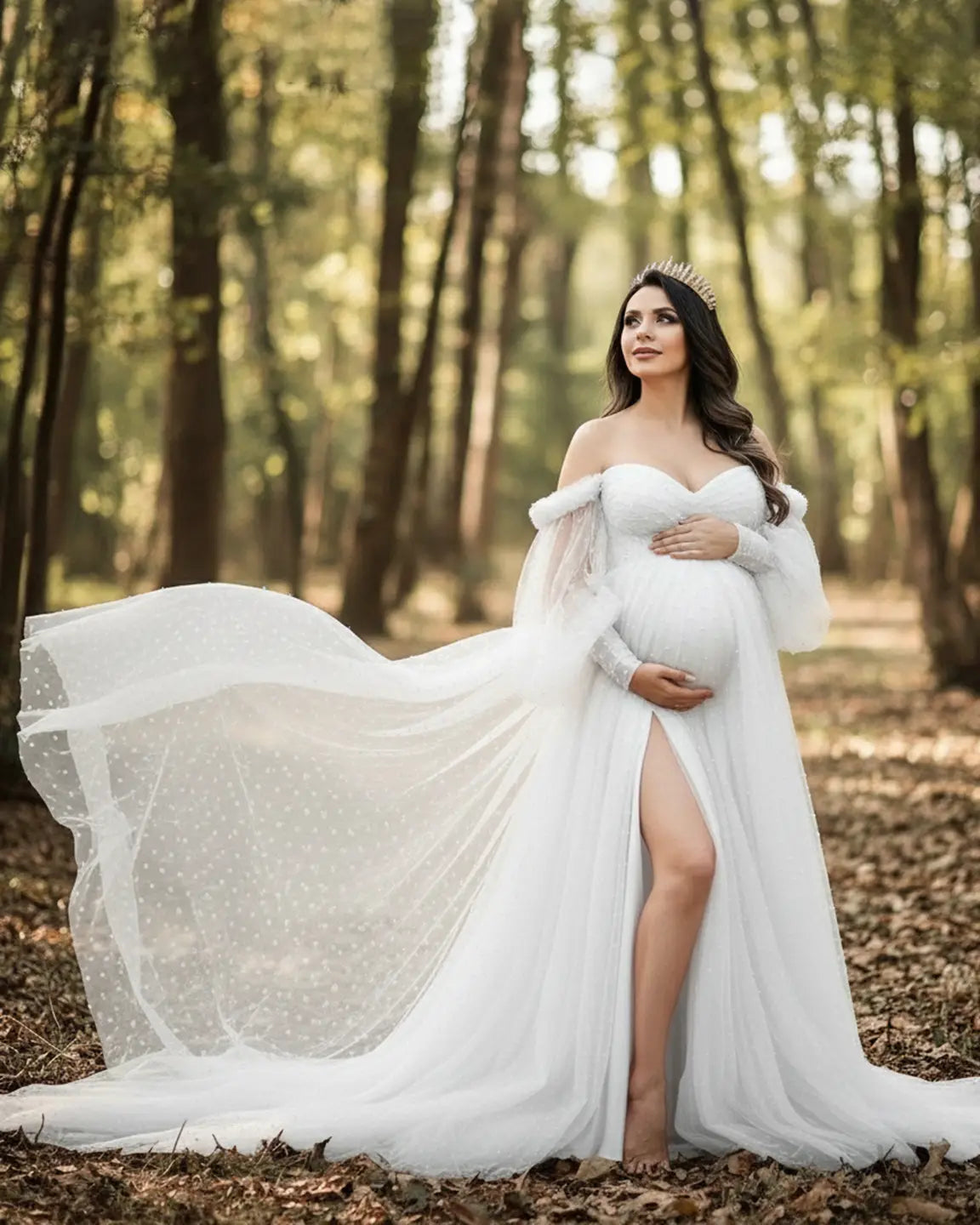 Off-Shoulder Tulle Train Maternity Gown