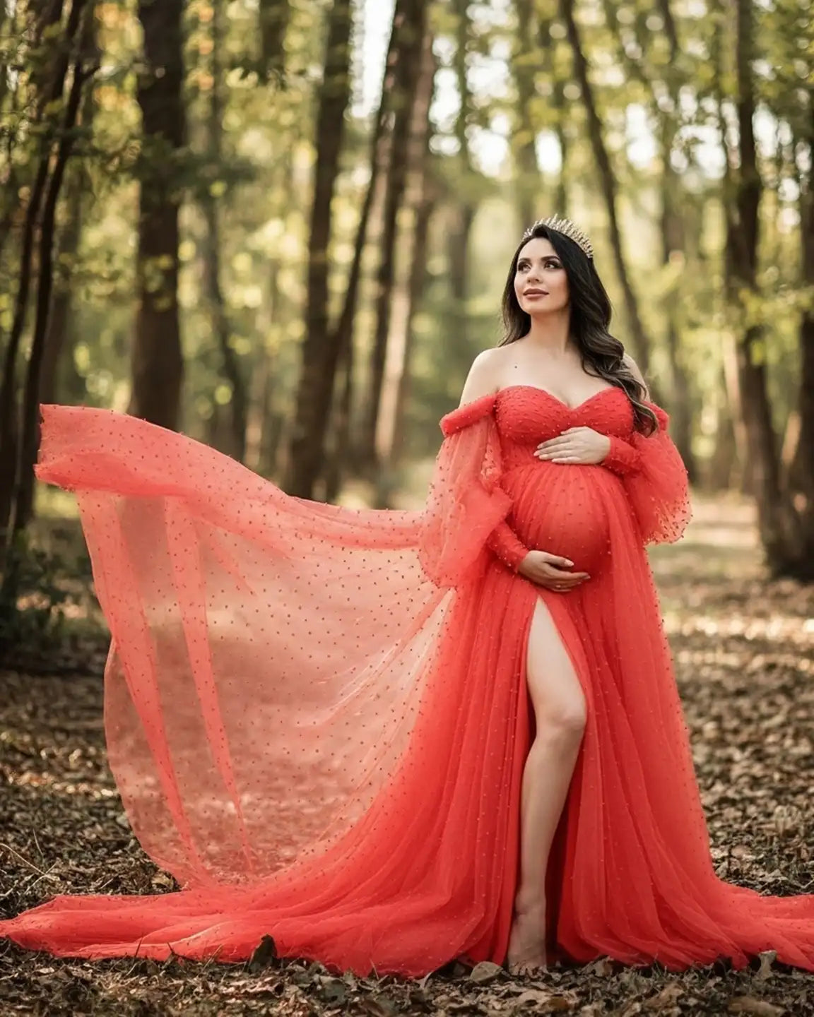 Off-Shoulder Tulle Train Maternity Gown