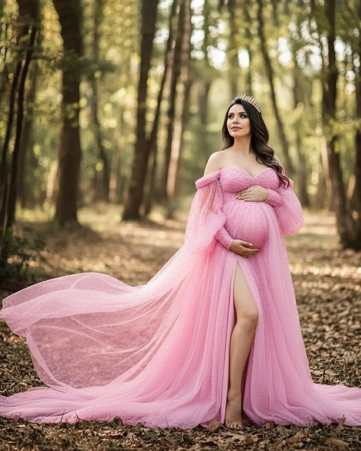 Off-Shoulder Tulle Train Maternity Gown