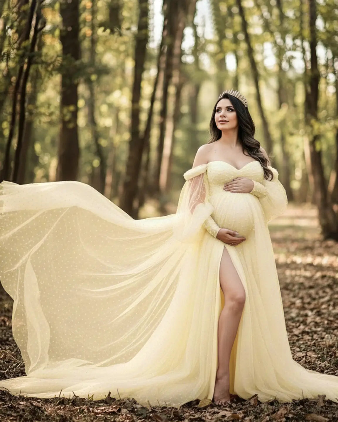 Off-Shoulder Tulle Train Maternity Gown