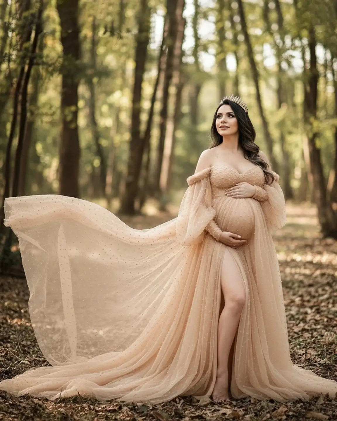 Off-Shoulder Tulle Train Maternity Gown