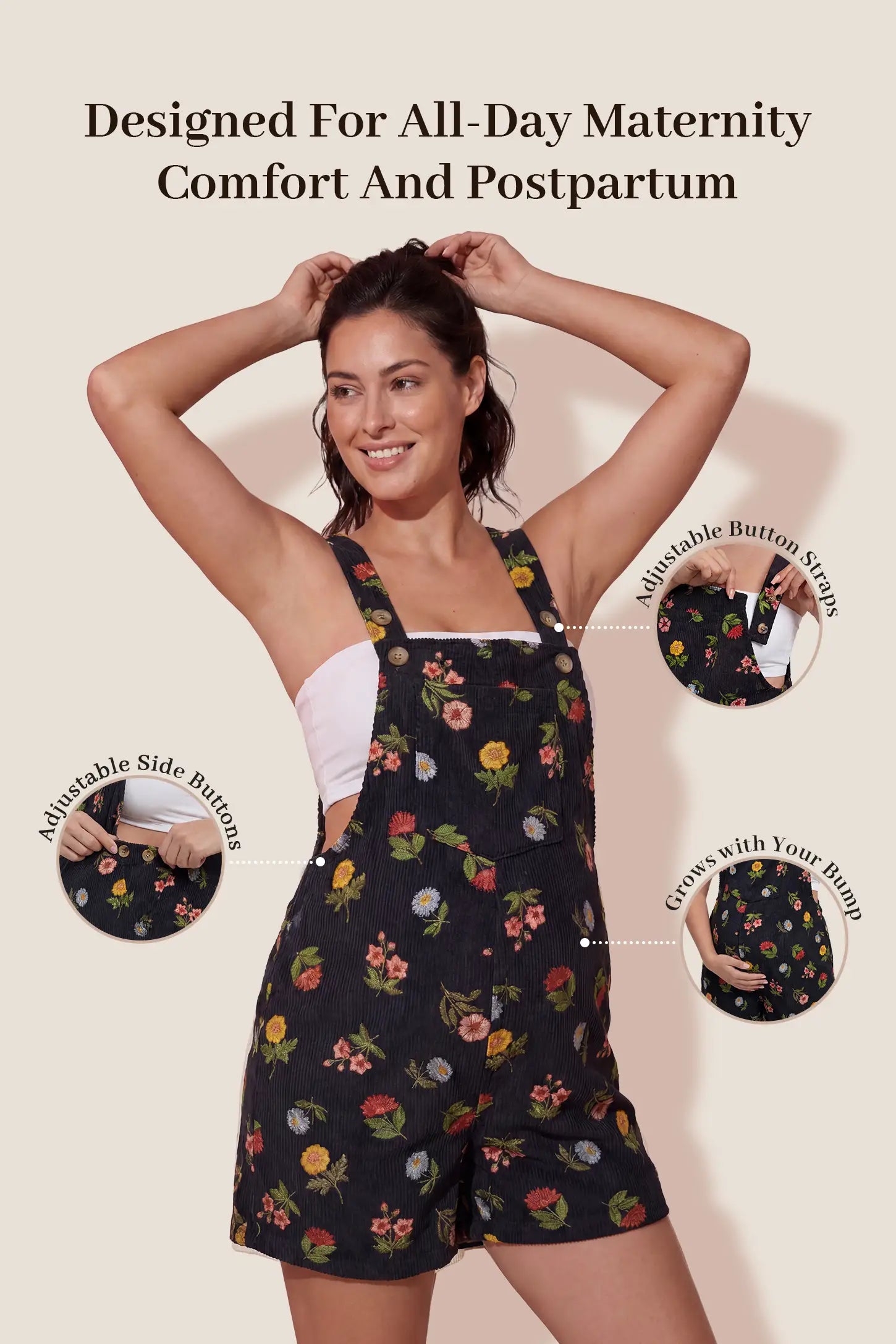 Adjustable Waist Front Pocket Maternity Short Overalls