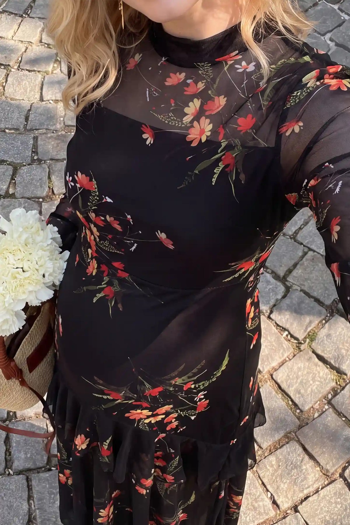 High Neck Long Sleeve Mesh Floral Maternity Dress