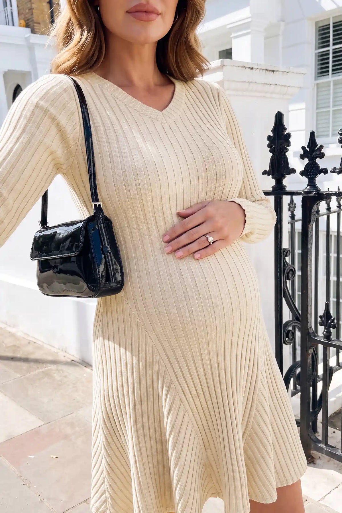 V Neck Long Sleeve Ribbed Knit Maternity Dress