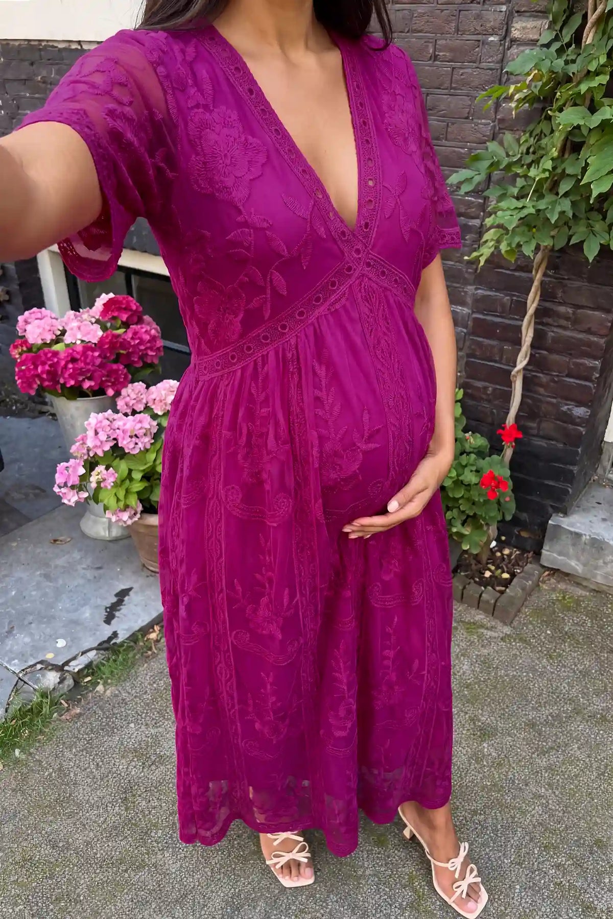 Lace Short Sheer Sleeve Maternity Maxi Dress