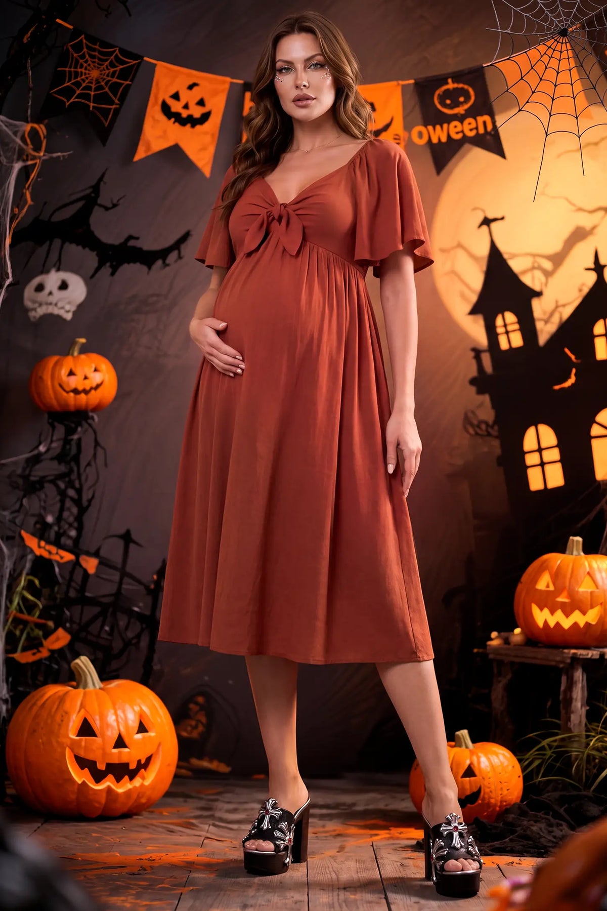 Front Tie Flutter Sleeve Maternity Midi Dress