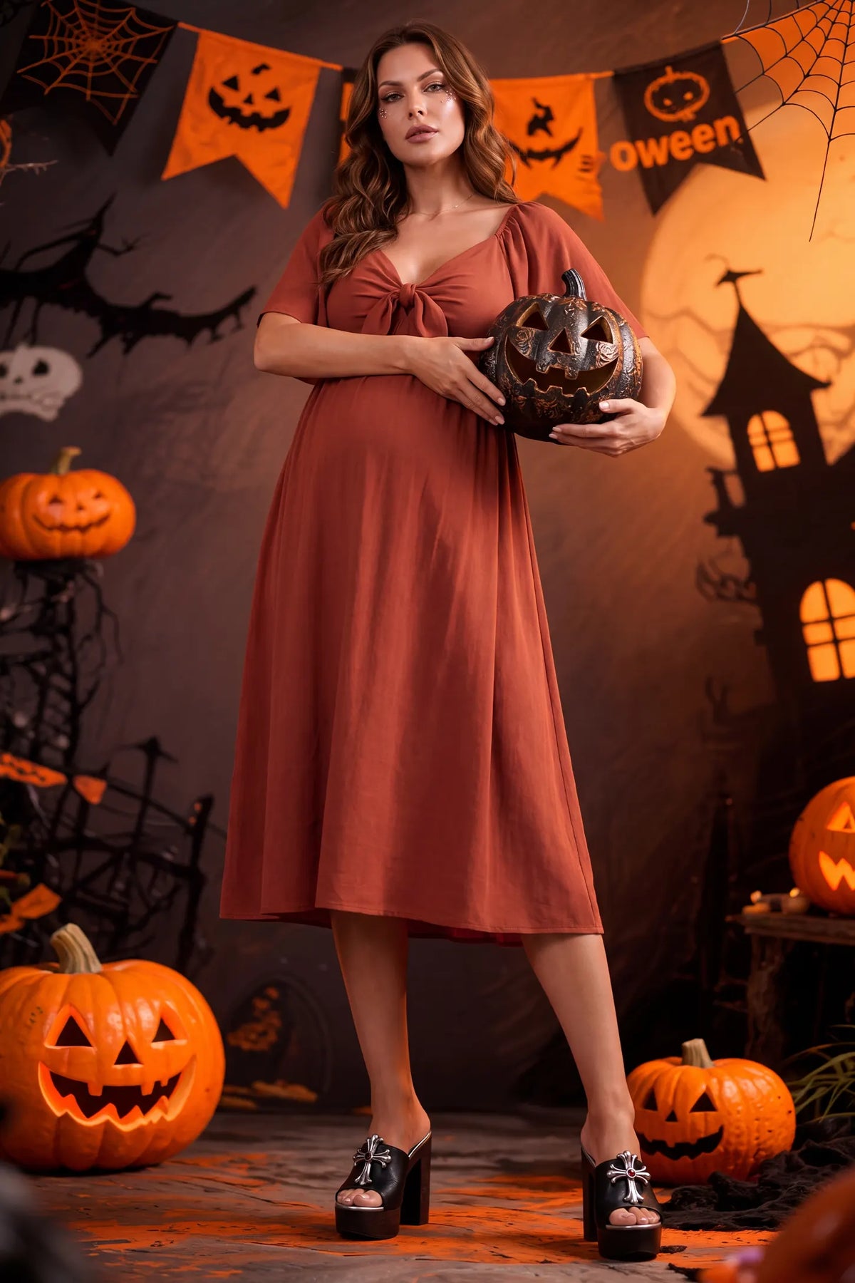 Front Tie Flutter Sleeve Maternity Midi Dress