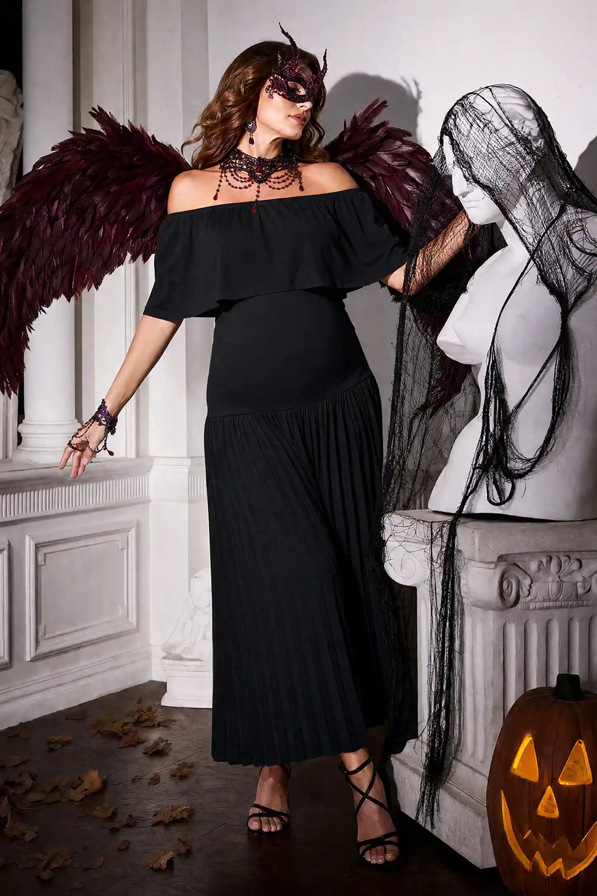 Pleated Off Shoulder Maternity Maxi Dress