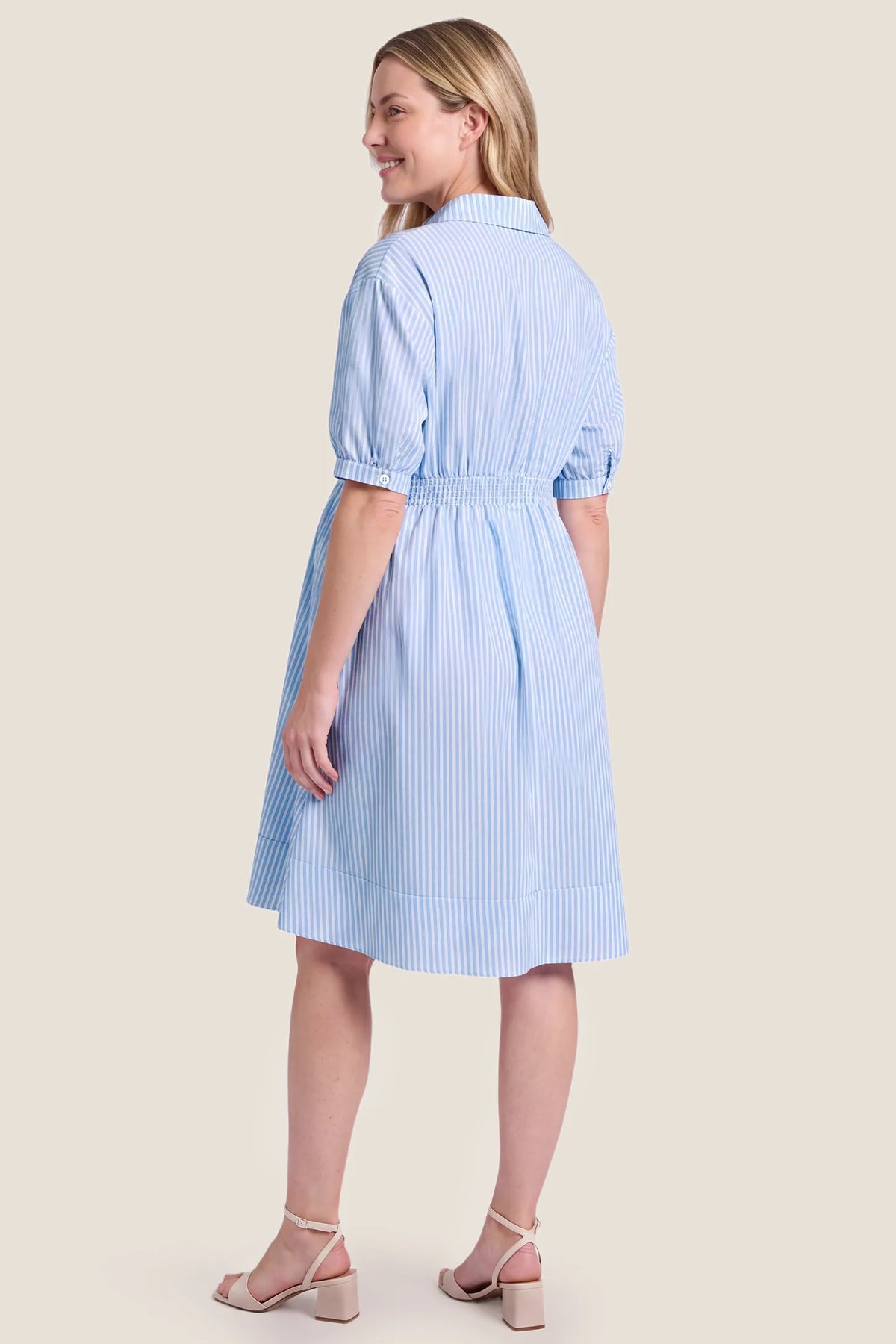 Striped Smocked Waist Button Down Maternity Shirt Dress