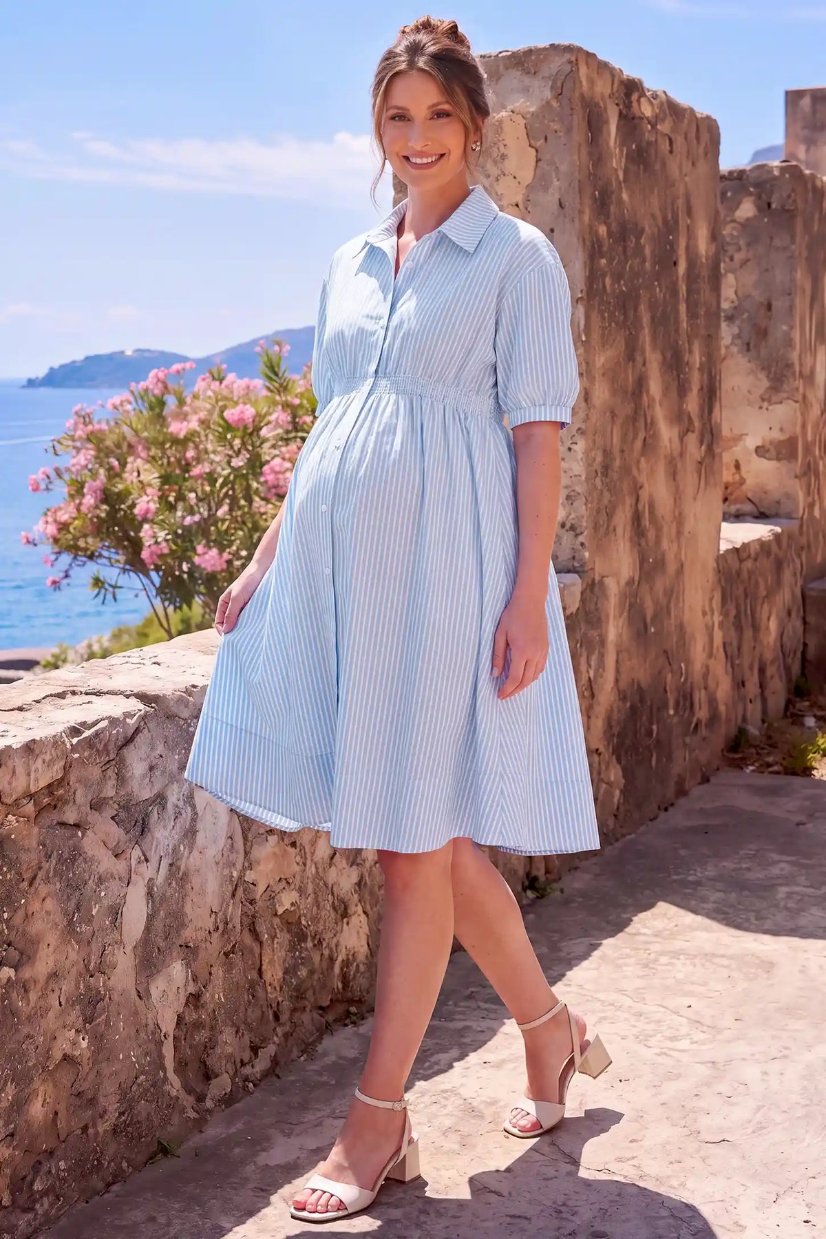 Striped Smocked Waist Button Down Maternity Shirt Dress