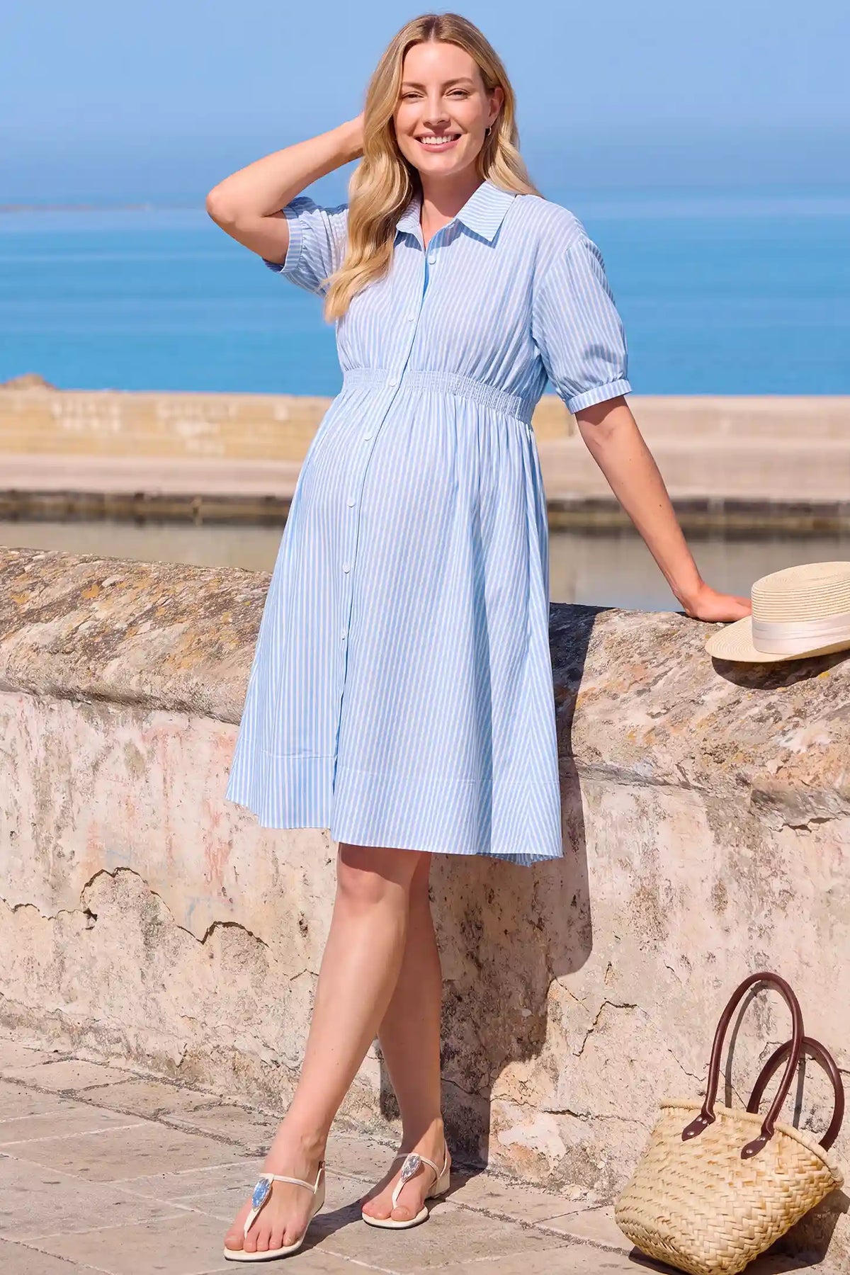 Striped Smocked Waist Button Down Maternity Shirt Dress
