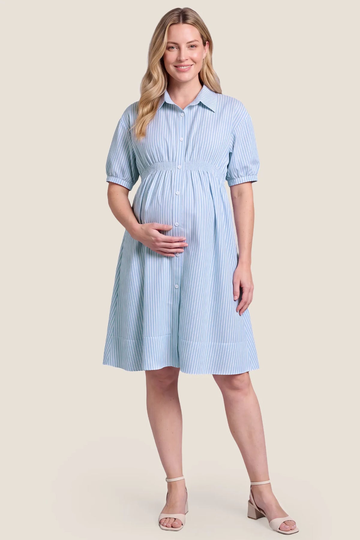Striped Smocked Waist Button Down Maternity Shirt Dress