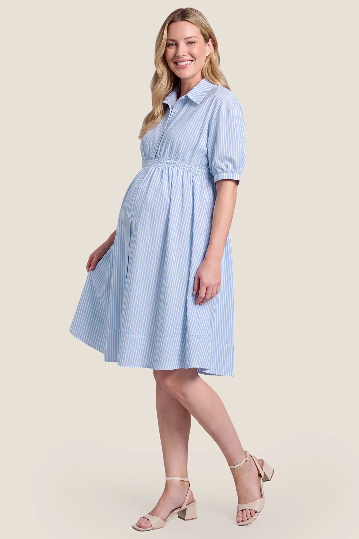 Striped Smocked Waist Button Down Maternity Shirt Dress