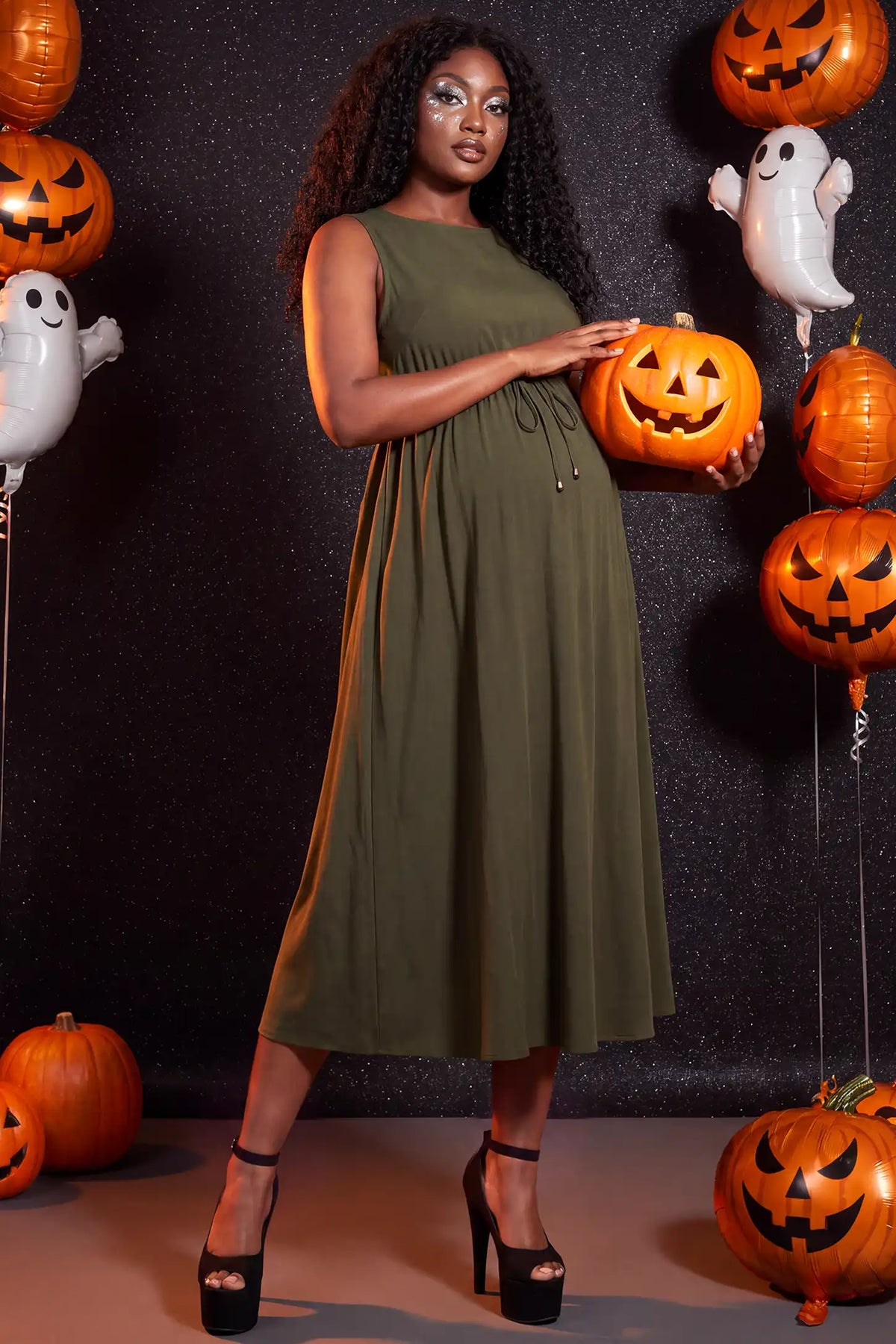 Drawstring Waist Sleeveless Full Skirt Maternity Skater Dress