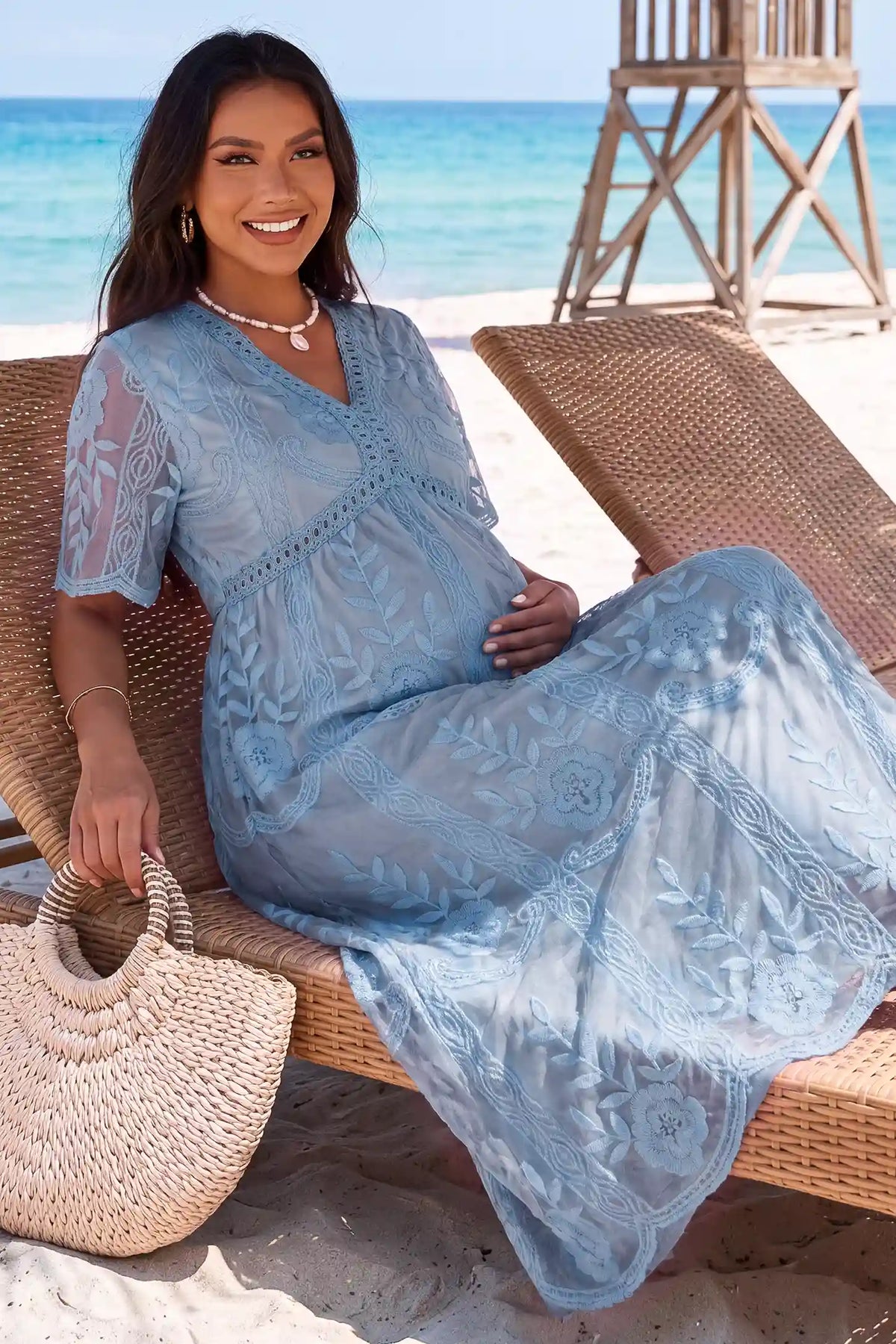 Lace Short Sheer Sleeve Maternity Maxi Dress