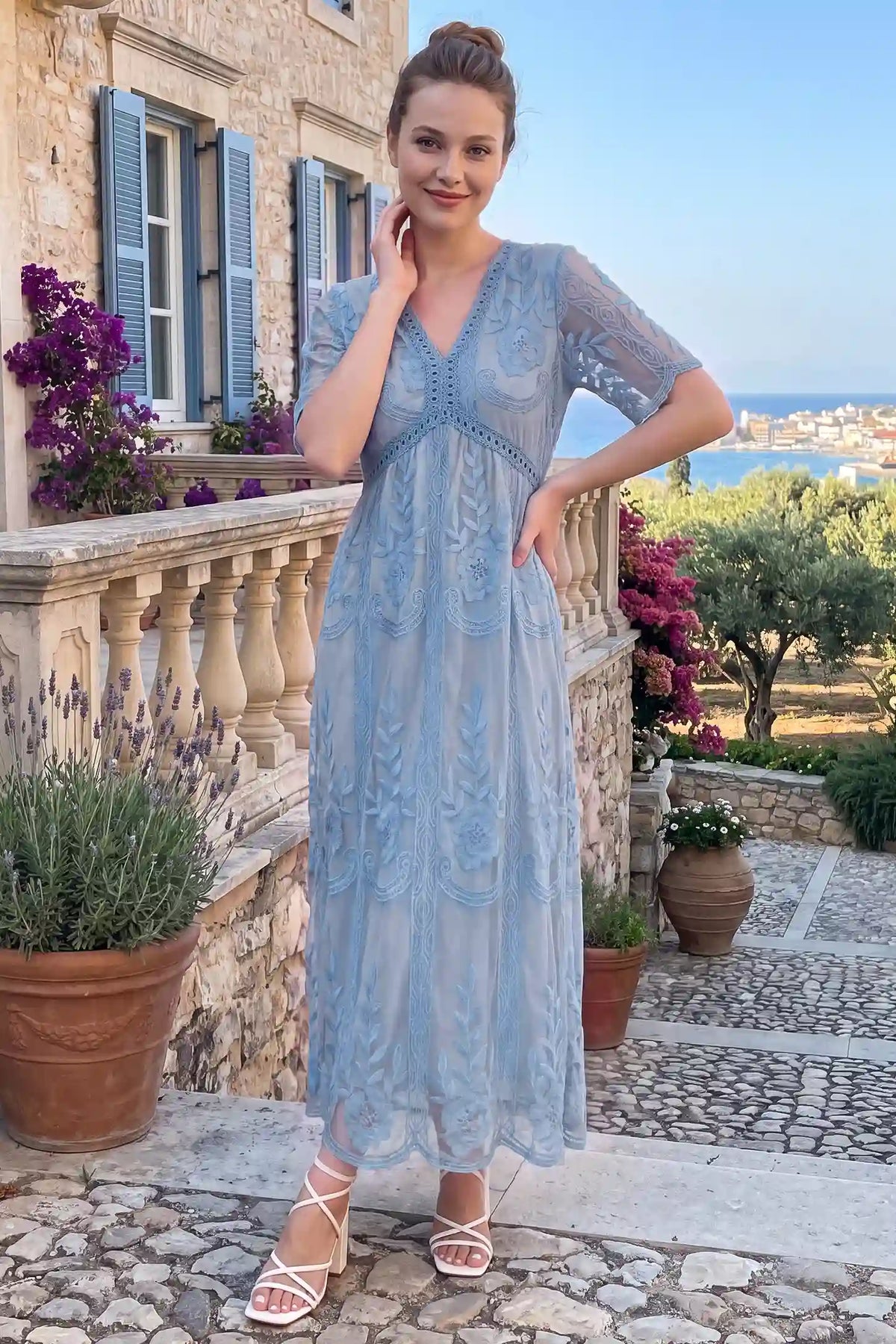 Lace Short Sheer Sleeve Maternity Maxi Dress